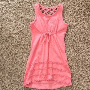 5/6 girls sleeveless pink dress with crisscross straps at back.